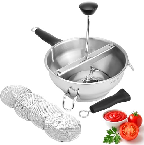 Navaris Presse-Légumes Manuel - Moulin à Légumes Ø 25,5 cm en Inox - Passe-vite Passoire avec 4 Grilles - Presse-Purée Soupe Compote pour Bébé