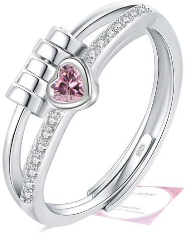 Birthstone Jewellery for Women, Adjustable October Birthstone Fidget Ring, Sterling Silver Plated Fidget Gifts, Pink Anxiety Heart Rings for Daughter Birthday Christmas