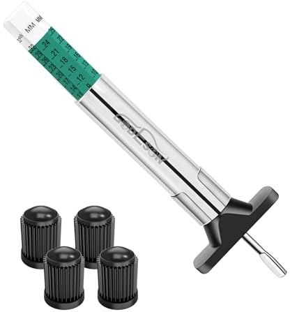 GODESON Professional Tyre Tread Depth Gauge with 4 Tyre Caps - 6-Sided Color-Coded, Dual Scale (1/32 & 25mm) for Car, Truck, Motorcycle