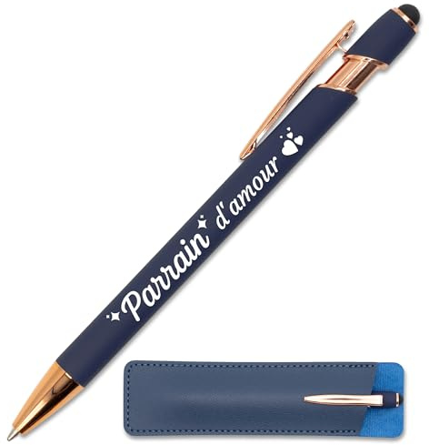StarMaker Stylo gravé Parrain d'amour, Bleu profond cuivré avec étui cuir - Stylo en métal tactile 2 en 1 - Idée cadeau original, baptême, communion, naissance