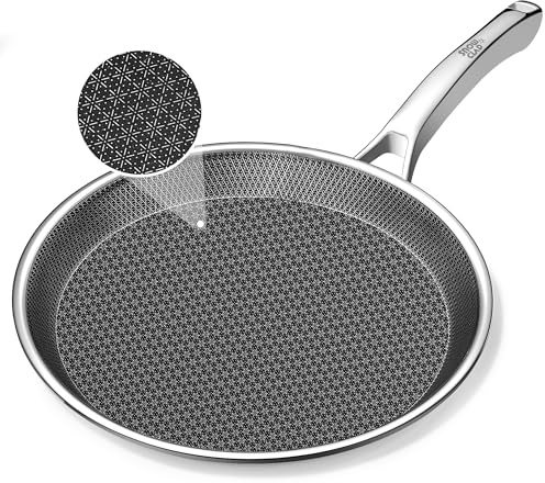 SNOWCLAD Crepe Pan,10 in Nonstick Crepe Pan, Stainless Steel Flat Skillet,Non Stick Dosa Tawa Comales Para Tortillas Pancake Pan,Dishwasher and Oven Safe Cookware,Induction Compatible, PFOA Free