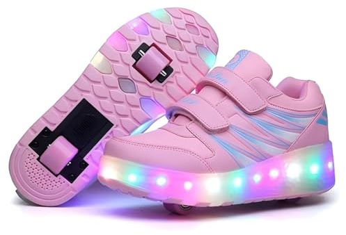 Lengender Barn skor med upplysta LED-hjul sneakers med USB uppladdningsbara dubbla hjul utomhus skateboard, rosa, 33 EU