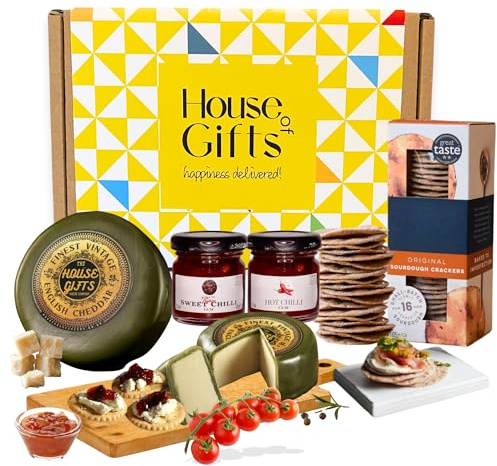 Luxury Cheese & Chutney Mini Hamper Gift Box with Mature Cheddar Truckle, Hot Chilli Jam, Sweet Chilli Jam & Savoury Crackers – Artisan Cheese Board Hampers Gift Set, Christmas Platter