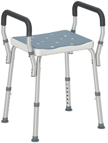 Sgabello Bagno Regolabile con Braccioli Imbottiti e Fori Drenaggio, Sedia Per Doccia Anziani Con Seduta Antiscivolo in EVA, Telaio Alluminio Antiruggine, Altezza 57-69 cm, Portata 150 kg, NO Montaggio