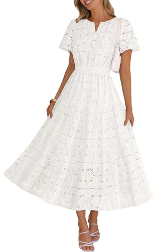 MEROKEETY Women's Summer Floral Maxi Dress 2026 Spring Boho Vacation Eyelet Lace Short Sleeve A Line Tiered Flowy Dresses, White, Medium