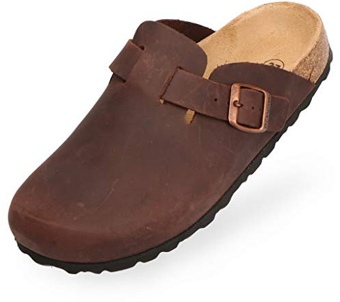 BOnova Wesel: Lederpantoffel dunkelbraun in Größe 43. Hausschuhe aus Echtleder (Nubuk), mit Kork-Fußbett, hergestellt in der EU.