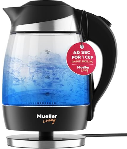 Mueller Ultra Glass Kettle M99S: 1850-2200W 1.8 Liter (60 fl oz) Electric Kettle Auto Shut-Off Boils Water Fast, Cordless with LED Light