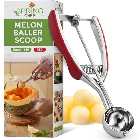 Spring Chef Red Small 1 Tbsp Stainless Steel Cookie Scoop for Baking - Multifunctional Melon Baller - #60 Cookie Dough Scoop with Trigger Release for Ice Cream, Protein Ball - Fruit Scooper and Baller