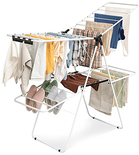 Tangkula Foldable Clothes Drying Rack, 2-Level Folding Drying Rack for Indoor Outdoor Use, Drying Rack Clothing w/Height-Adjustable Gullwing, 33 Drying Rails, Sock Clips