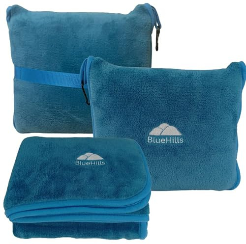 BlueHills Premium Soft Travel Blanket Pillow Airplane Blanket in Soft Bag case with Hand Luggage Belt and Carabiner Compact Pack Large Cozy Plane Car Train Teal Blue T022