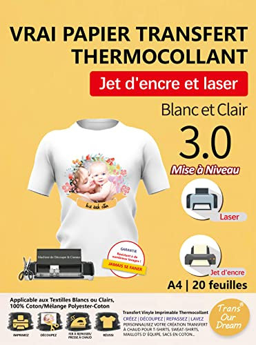 TransOurDream 20 Blatt A4 Transferpapier für Textilien 3.0 – Tintenstrahl- & Laserdrucker, Transferpapier für T-Shirts oder weiße und helle Textilien, kein Spiegeldruck FR2-3.0-20
