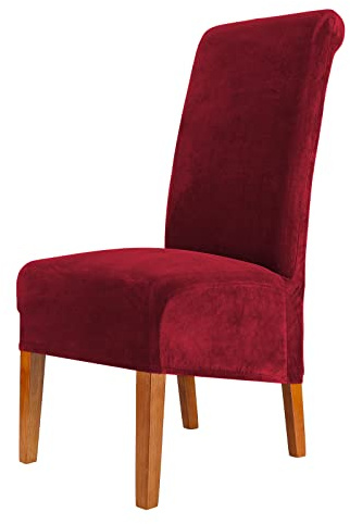 CMAKER Lot de 4 Housses de Chaise de Salle à Manger en Velours Extensible à Dossier Haut en élasthanne, élastiques et lavables et Amovibles - Taille XL - Bordeaux