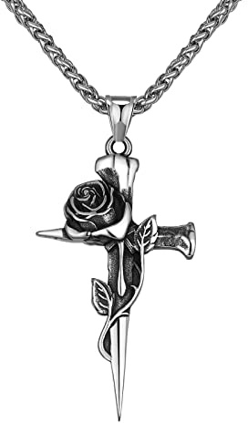 Vintage Cross Pendant Necklace for Men Women Rose Flower Necklace Stainless Steel Gothic Punk Jewelry,Personalized Rapper Bike Necklaces with 24 Inch Chain
