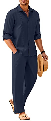 COOFANDY Mens Coordinated Outfit Linen Shirt Pants Beach 2 Pieces Casual Button-Down Sets with Pocket Summer Beach Linen Suits, Navy Blue, X-Large