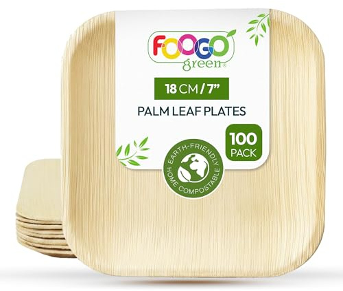 FOOGO Green 100pcs Disposable Palm Leaf Plates, 7(18cm) for Desserts | Eco Friendly, Biodegradable, Compostable Like Wooden, Bamboo & Small Square Paper Plates for Hot Food, Picnic Wedding Parties