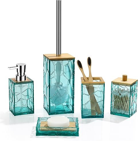 GAHEFY Set di accessori da bagno, porta spazzolino da denti, dispenser di sapone, portasapone, portasapone, scopino per WC con supporto, decorazione da bagno in bambù boho, acrilico (verde acqua)