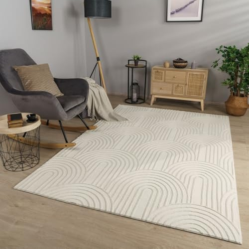 TT Home Wohnzimmer Teppich Esszimmer Kurzflor Geometrische Optik Skandi Boho Unifarben, Farbe:Hellbeige Beige Creme, Größe:80x150 cm