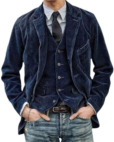 Chahuer Veste En Velours Côtelé Vintage Pour Hommes à Boutonnage Unique Multi Poche Design Mode Décontractée Veste D’affaires Manteau bleu XL
