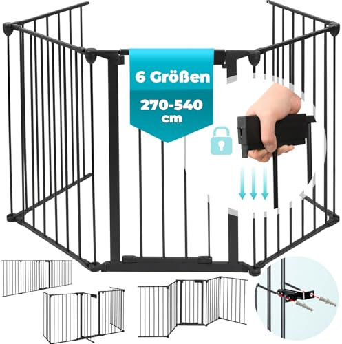 Kaminschutzgitter mit Tür und Kinder-Sicherung, Metall, faltbar 270-540cm, 5-10 Elemente, Absperrgitter, Ofenschutzgitter, Konfigurationsgitter, Türschutzgitter, Kinderschutzgitter, Tierschutzgitter