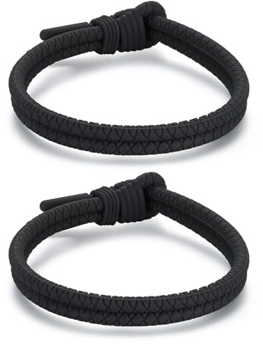 Metzm Adjustable Silicone Nautical Surfer Braided Rope Bracelet for Men Women - Waterproof Rubber Sports couples Bracelets Gifts (2Pcs Black)