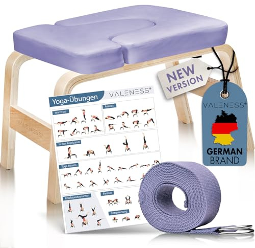 VALENESS® Yoga Kopfstandhocker - Hochwertiger Yoga Hocker inkl. Yogagurt, Yogablock & Übungsposter - Yoga Stuhl zur Handstand-Übung aus massivem Naturholz - Yoga Ausrüstung für Zuhause… (Violet)