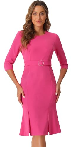 Allegra K Robe Fourreau Élégante pour Femmes Col Rond Manches 3/4 Fente Bureau Robes Crayon Ceinturées Rose Vif S