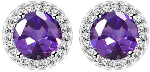Uloveido Lila Zirkonia Halo Solitaire Ohrstecker, Simulierte Amethyst Runde Halo Stecker, Geburtstagsschmuck für Sie YA5034