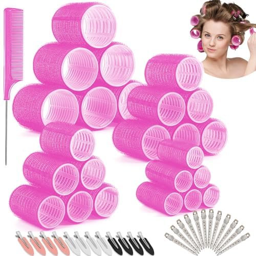 49 Stück Lockenwickler Set, Locken Ohne Hitze, Große Lockenwickler Kleine DIY Selbsthaftend Hair Rollers mit 24 Stücke Haar Klammer für Lange Mittlere Kurze Salon 60/45 /36/25mm