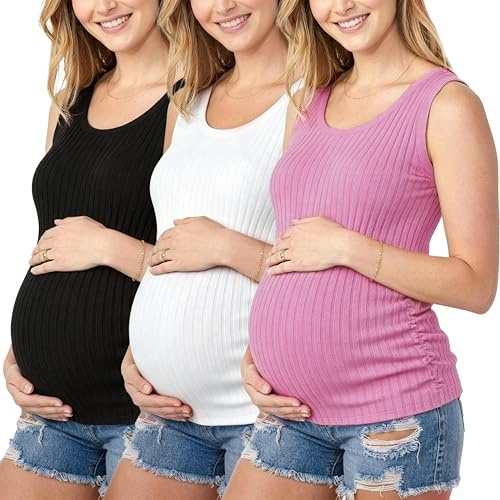 Love2Mi Pack de 3 camisetas de tirantes para mujer, tejido acanalado, ropa de maternidad, Negro/Blanco/Rosa, M