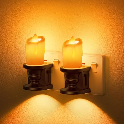 JandCase Plug in Night Light, Amber Candle Flicker, Dimmable, 2 Pack | 0-100LM dimmable, top or bottom light modes, flickering candle effect for bedroom, hallway and stairs