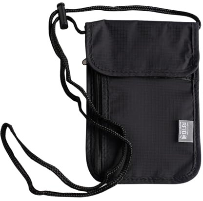 MUNSKT Pochette Tour de cou Voyage de Cou Bloqueur RFID Anti–vol Sac de Passeport Imperméable pour Documents Pochette de cou Portefeuille (Noir)