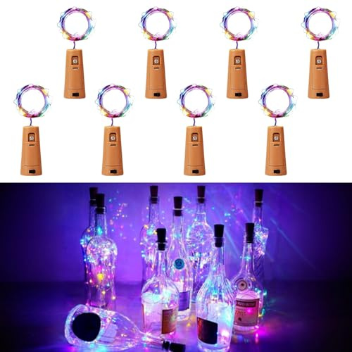 Wine Bottle Lights with Cork 8 Pcs Colourful Fairy Lights Battery Operated | 2m 20 LED Flexible Copper Wire Lights for Bottles Perfect for Party, Wedding, Christmas DIY Indoor/Outdoor Table Decoration