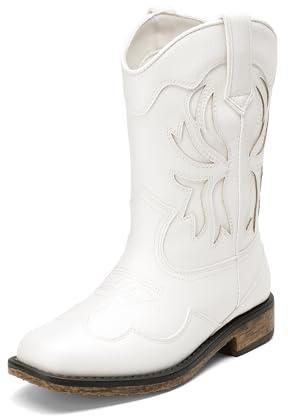 DREAM PAIRS Cowgirl-stövlar för flickor barn cowboystövlar fyrkantig tå mitten av vaden pojkar västerländsk mode ridskor för småbarn/små barn/stort barn, Vitt, 21 EU