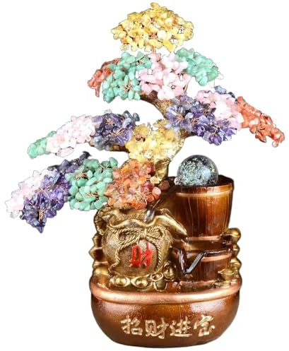 MIXIUJIEN Fontana d'acqua con albero dei soldi con pietre preziose, decorazione da tavolo in cristallo colorato con ciotola del tesoro portafortuna e sfera LED (ametista) (misto)