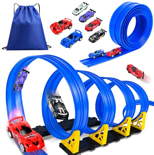 HERMORRYSS Circuit Voiture Enfant, 5 Mètres Piste de Course Voiture Flexible avec 6 Véhicules, Ventouse et Rampe, Piste de Voiture Jouet Librement Construite, Cadeau pour Garçons Filles 3+ Ans (Bleu)