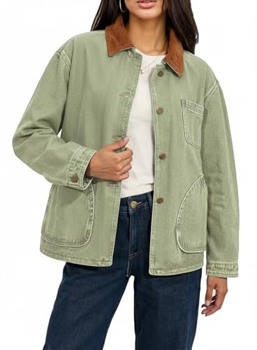 Fnortc Womens Oversized Jeans Jacket Casual Long Sleeve Corduroy Collar Barn Boyfriend Trendy Denim Jacket Coat with Pockets