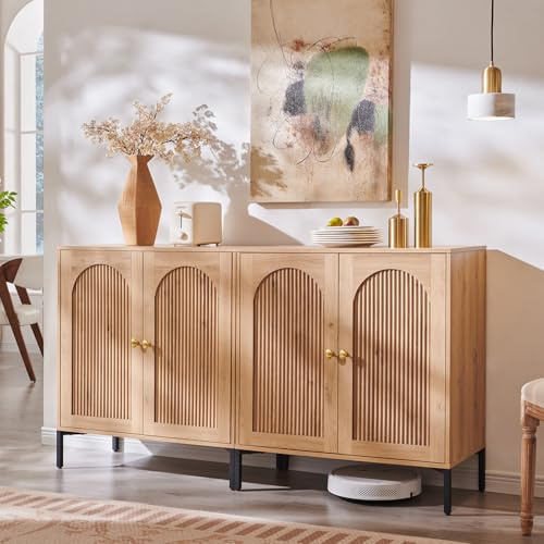 IFGET Modern Buffet Cabinet with Storage, 61.75 W Fluted Arched Sideboard Cabinet w/Adjustable Shelves, Wooden Modular Coffee Bar for Dining Room, Kitchen, Living Room, Entryway, Natural