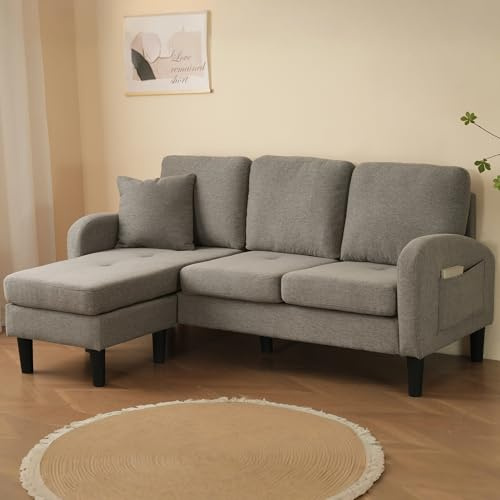 Sofá esquinero en forma de L con chaise longue - Sofá de tres plazas, 166 x 118 x 77 cm, mezcla de algodón y lino transpirable, patas de plástico, configuración reversible izquierda/derecha (gris