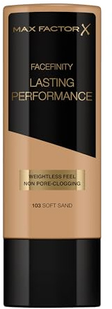 Max Factor Lasting Performance Liquid Foundation, 103 Soft Sand, volle Abdeckung, makelloses und strahlendes Finish, leichte Formel, wischfest, verstopft nicht die Poren, parfümfrei, 35 ml