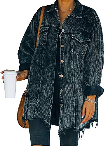 Hixiaohe Women's Casual Oversized Button Down Corduroy Shirt Jacket Coat Washed Retro Shacket (Black, Large)