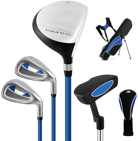 GYMAX Junior Kids Golf Club Set, Boys & Girls Right Hand Complete Golf Clubs Set with Bag, 3# Fairway Wood, 7# & 9# Irons, Putter and Head Cover, Youth Beginners Practice Pole (11-13 Years Old, Blue))