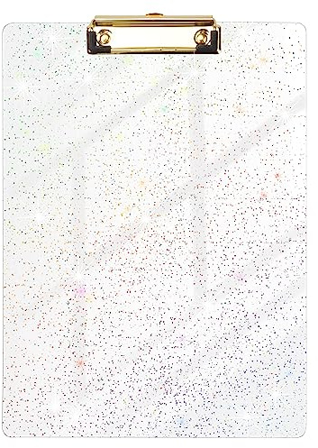 WAVEYU Acrylic Clipboard With Low Profile Gold Clip for Women Girls - Standard Letter Size/A4 (12.5 x 9), Glitter Clear Design for Classroom, School and Office Use