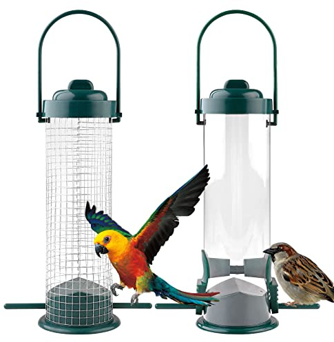 Comedero de metal para pájaros silvestres con soporte para pájaros pequeños, 2 puertos, perchas mixtas de semillas y cacahuetes, resistente a la intemperie, para jardín al aire libre