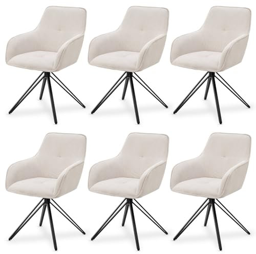 Juskys Drehstuhl Clyde mit Armlehne 6er Set - Esszimmerstuhl modern mit Stoff Bezug - Polsterstuhl Esszimmer - 120 kg belastbar - Stuhl Cord Beige