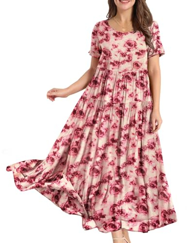YESNO Women Dress Summer Casual Plus Size Maxi Dresses Bohemian Floral Short Sleeve Long Dress/Pockets XL EJFUK CR406R
