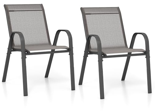 KOMFOTTEU Juego de 2/4 Sillas de Jardín, Silla Apilable Terreza Exterior de Tela con Marco de Metal, Sillón de Comedor con Reposabrazos y Respaldo Alto, Carga 150kg, 56 x 70 x 84 cm (2, Gris)