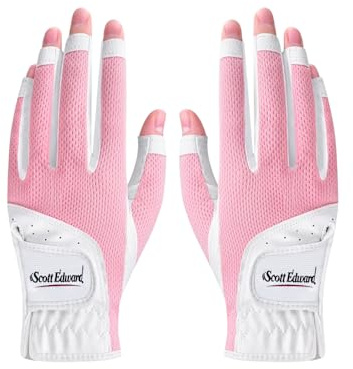 Scott Edward 1 Pair Open-finger Women's Golf Gloves 2 Pack Left Right Hand Lady Fingerless Golf Gloves PU and Microfiber Breathable Mesh Fabric Cool and Comfortable