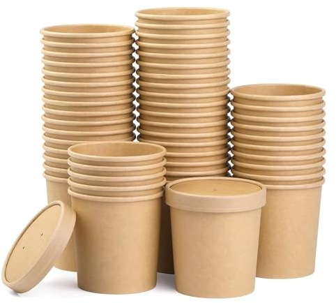CaterCo Disposable Kraft Soup Containers with Lids (16oz / 470ml - 500 Pack) Brown Paper Takeaway Paper Soup Cups, Microwave & Freezer Safe Ice Cream Container, Eco-Friendly (16oz / 470ml - 500 Pack)