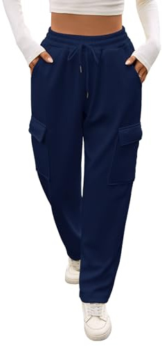 Kfnire Fleecefodrade byxor kvinnor vinter kvinnor joggingbyxor med lastfickor elastisk hög midja rakt ben, marinblå, S
