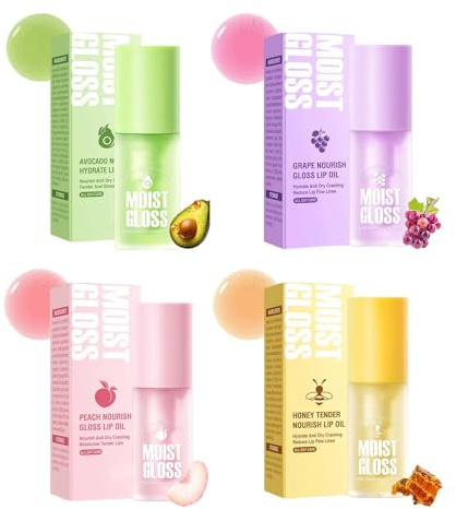 4Pcs Hydrating Lip Oil Set,Fruit Clear Lip Gloss,Tinted Long Lasting Nourishing Revitalizing for Dry Lips,Lip Gloss Base Flavoring Oil for Women Girls(Avocado+Grape+Peach+Honey)